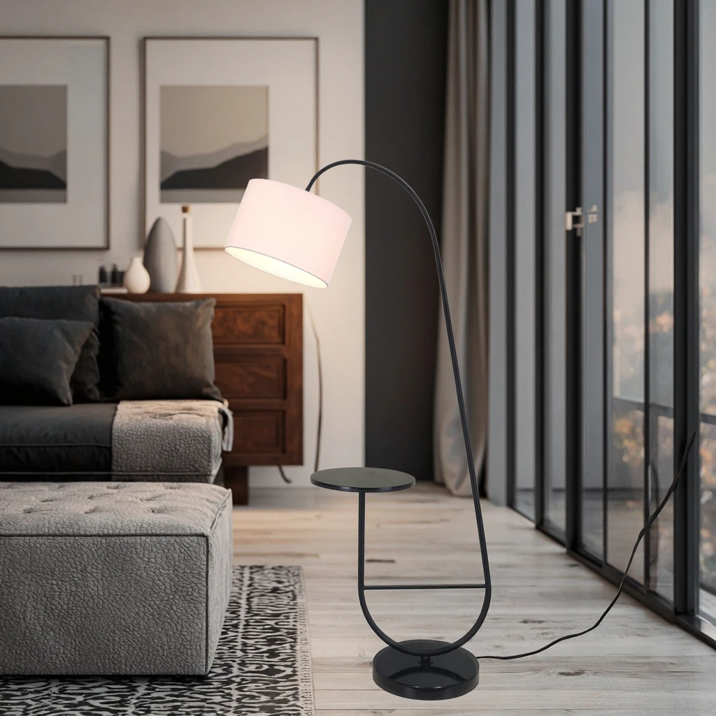 Coastal Design Gooseneck Floor Lamp Iron Body E27 Base LED Light Source Fabric Shade for Comfort for Home Office Apartment Hotel