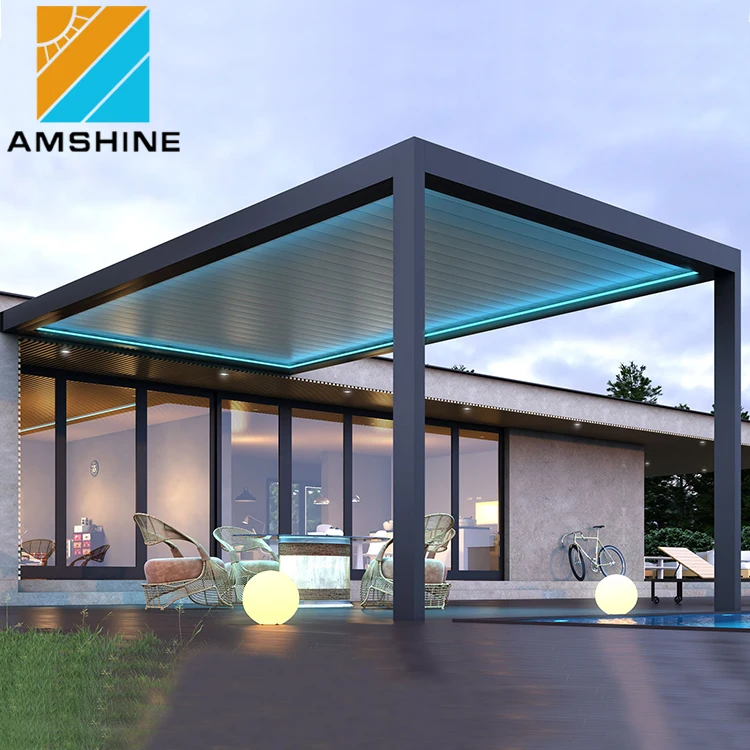 Backyard Solar Panel Electrical Opening Louvre Roof Aluminum Pergola With LED Lights