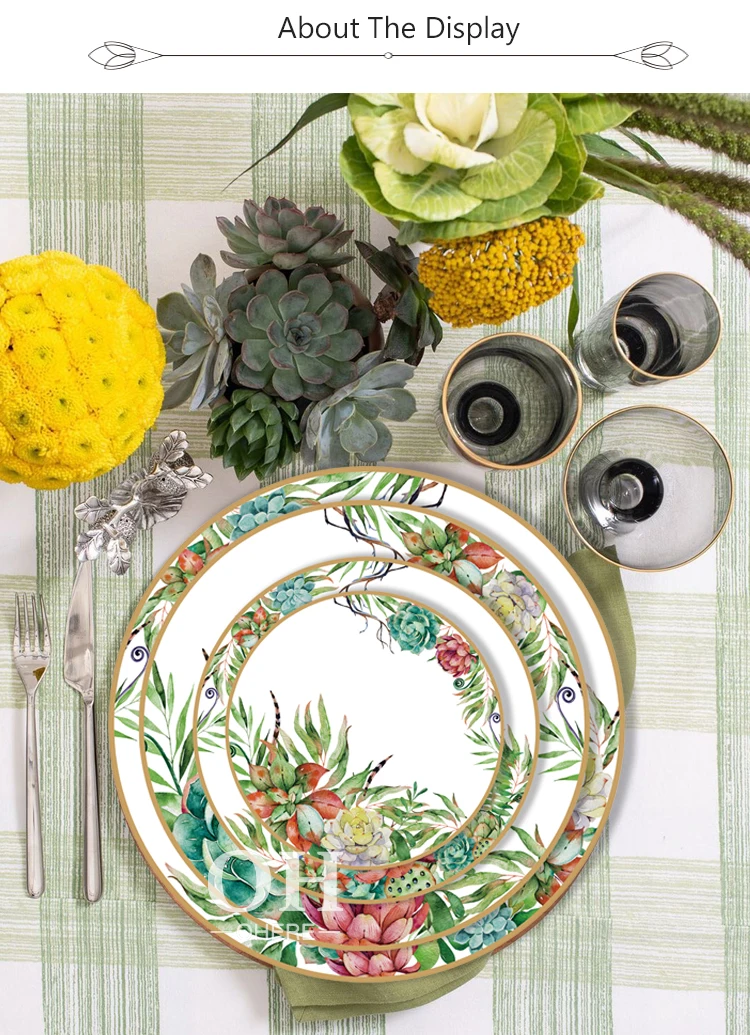 Fine Bone China Dinner Set Green Plant Butterfly Plate Set With Gold