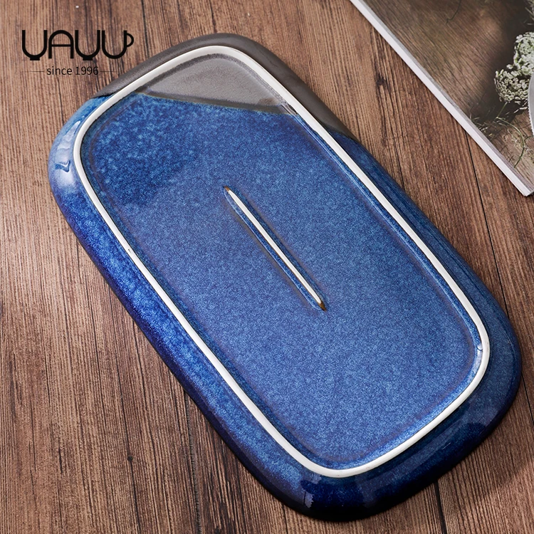 product fenn wholesale custom logo tableware reactive glazed glossy blue rectangle porcelain plate for sale dinnerware for home-58