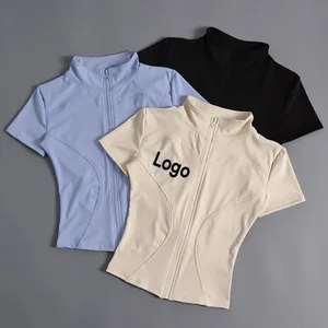 Custom Logo High Elastic Women Yoga Short Sleeved Jacket Stand up Collar Zipper Tight Running Quick Dry Fitness Sports Jacket