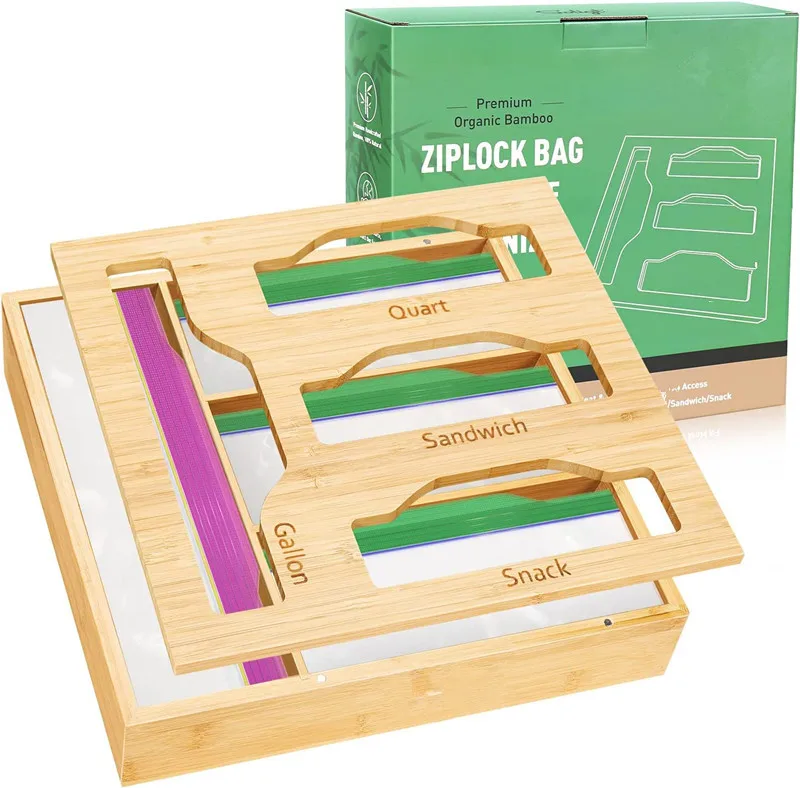 Ziplock Bag Organizer for Kitchen Drawer, Bamboo Baggie Organizer with Removable Top Lid for Sandwich, Quart Slider, Gallon