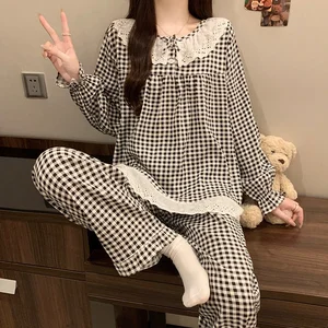 Women's Princess Style Pajamas for Autumn Long Sleeved Pants Cute Doll Collar Checkered Plaid Pattern Front Home Clothes
