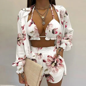 New Cross-border European and American Women's Sexy Three-piece Set Summer Beach Fashion Shorts Set