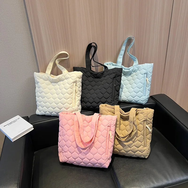 Women's Lightweight Quilted Puffer Tote Bag Cotton Padded Shoulder Handbag with Two Handles Open Closure