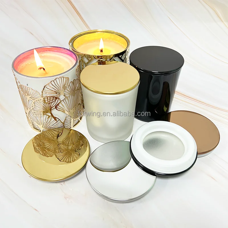 Unique Style Electroplated Iridescent Glass Candle Jar With Gold Metal Lid Rainbow Color Candle Jar With Lid details