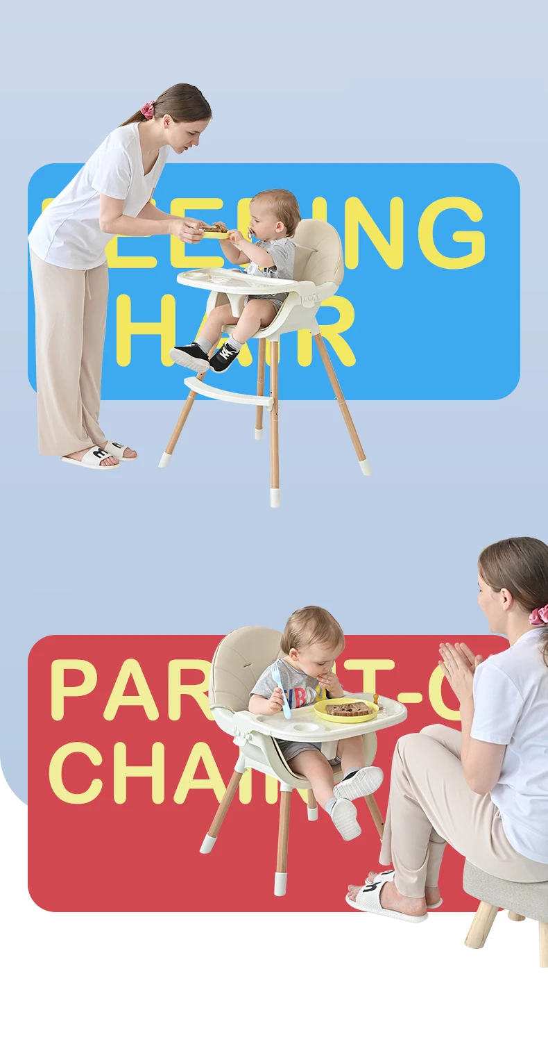 Plastic Kids High Chair Multifunctional Baby Wood Grain Steel High