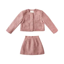 YOEHYAUL Winter&Autumn Suit New Arrival Baby Girls Pink Skirt Wholesale Kids Girls Cotton Plaid Clothes Sets