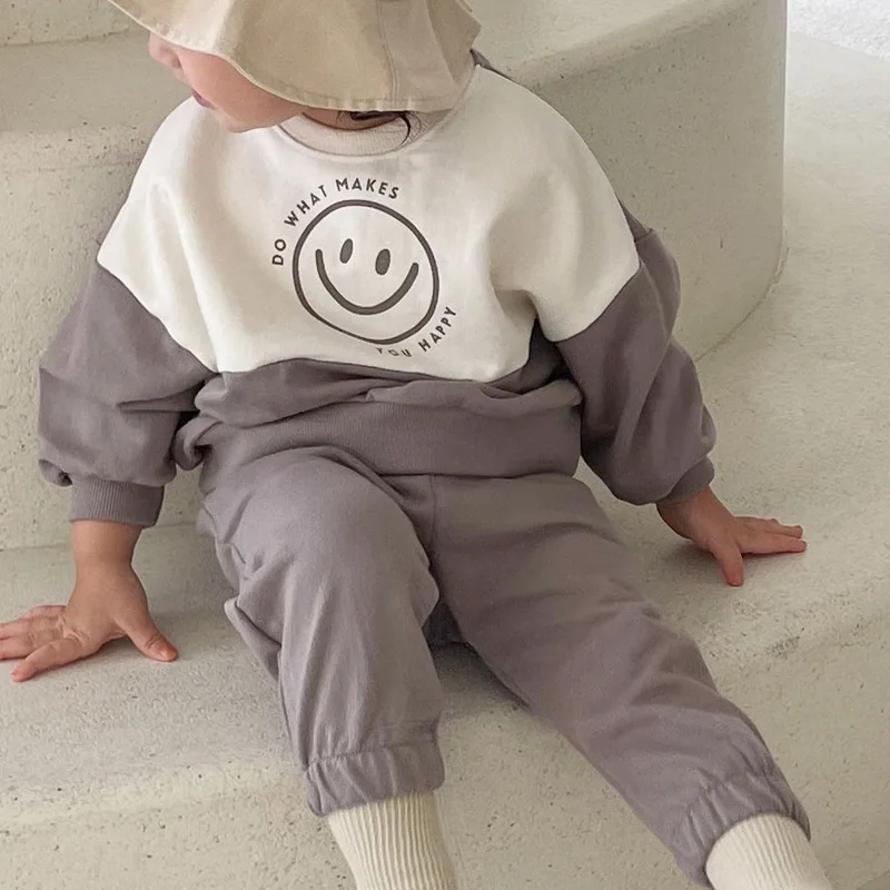 Color Block Autumn Sweatsuits Neutral Baby Toddler Children Oversized Sweatshirts Tracksuits Set