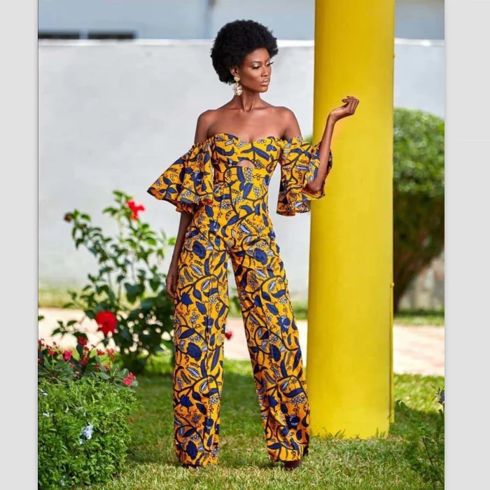 yellow off the shoulder jumpsuit