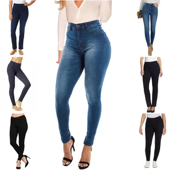 Custom high-waisted distressed skinny women's jeans in plus-size cotton denim with stretch ripped Colombian pants