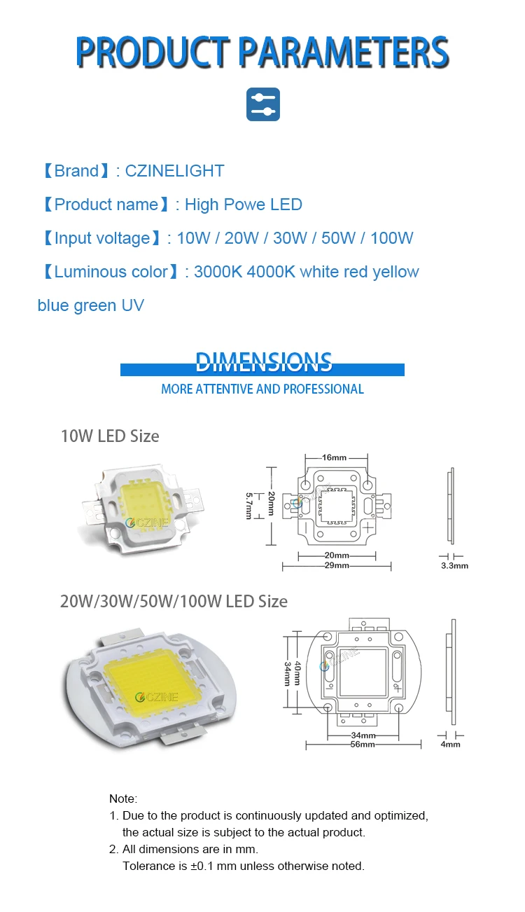 Czinelight Manufacturer Cob Led Chip 10w 20w 30w 50w 100w Watt 12v 30-34v High Power Led Chip Rgb White Red Blue Customi