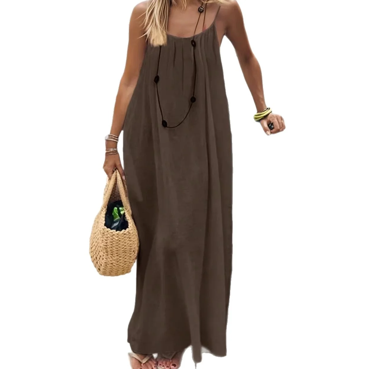 2026 Cross-border New Womens Strap Loose Casual Summer Long Backless O-Neck Dress High-End Elegant Polyester Spandex Knitted