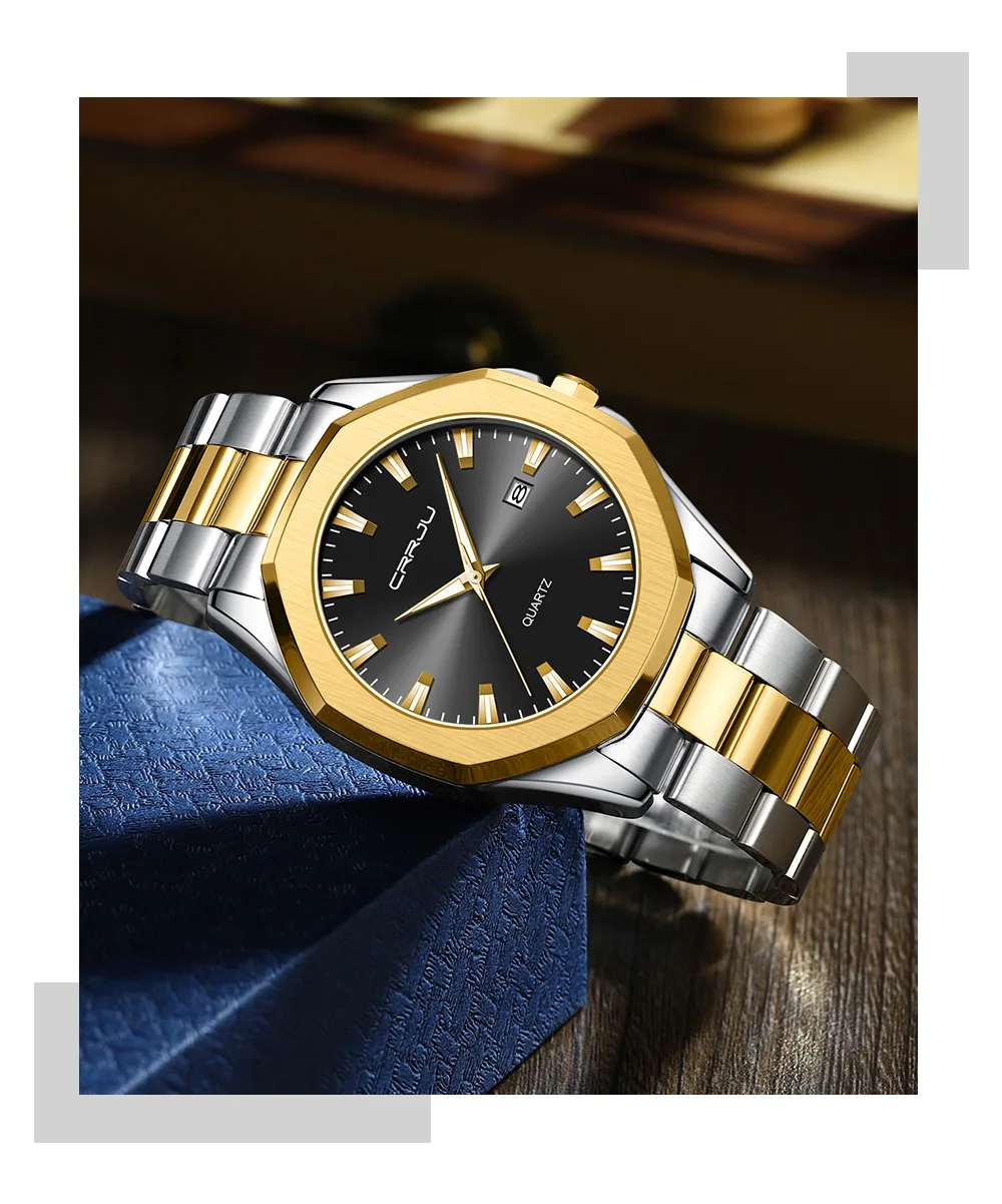 Crrju 5004 Men Watches Stainless Steel Trend Design Sport Watch Waterproof Big Dial Golden Luxury Japan Quartz Wristwatches