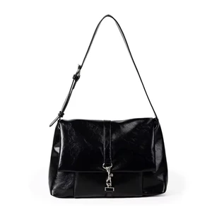 Classic Black Square Large Capacity Soft PU Leather Shoulder Bag Metal Lock Closure Flap Women's Messenger Bags