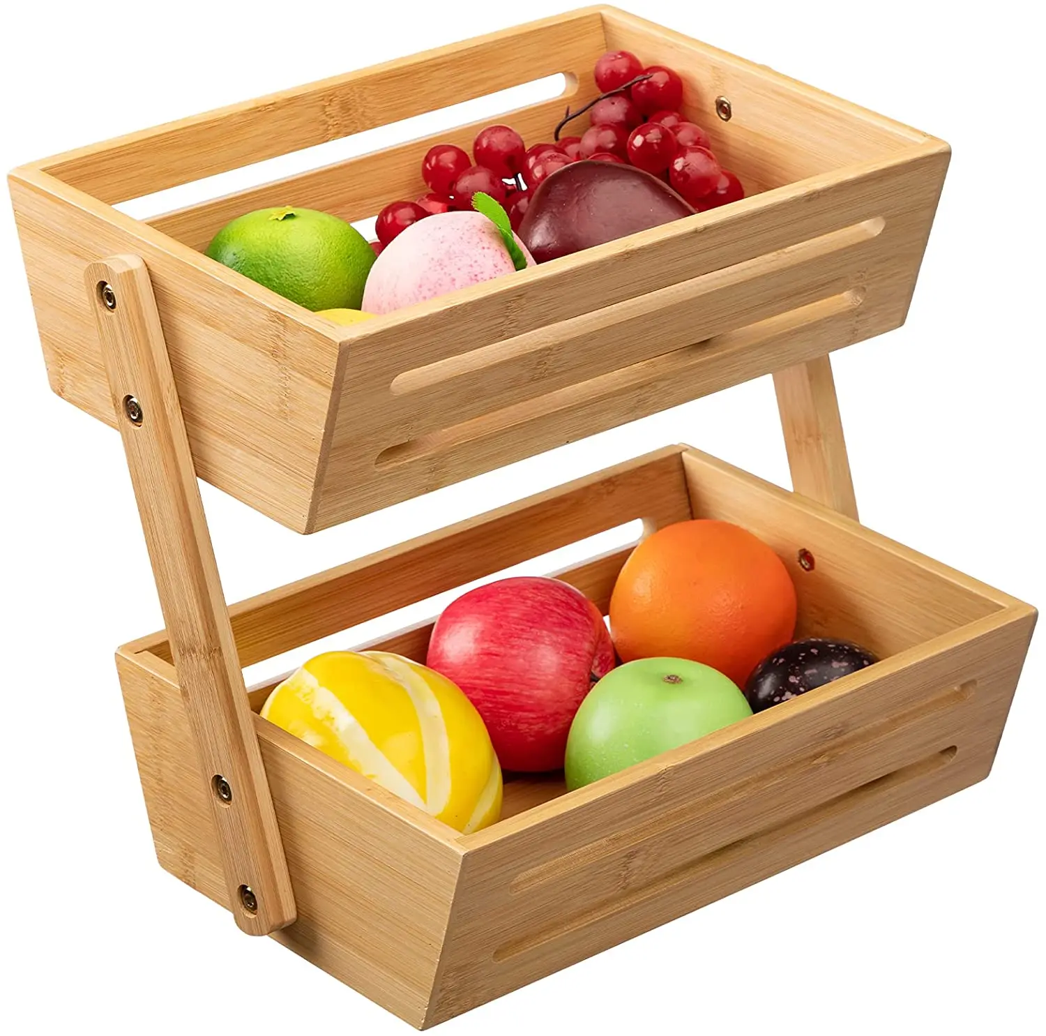 2-Tier Bamboo Eco-Friendly Multi-functional Fruit Basket Wooden Fruit Bowl Custom Storage Organizer for Home Kitchen Counter