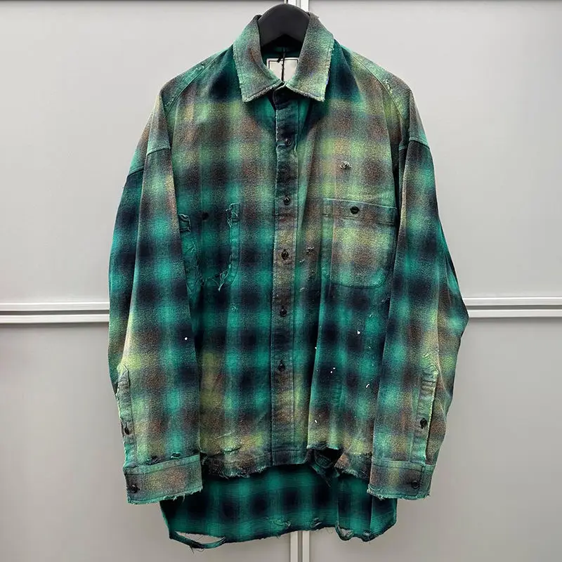 Salati Custom Unisex Vintage Tshirts Oversized Baggy Sun Faded Acid Wash Long Sleeve Plaid Boxy Button Down up Flannel Shirt Men gallery 2