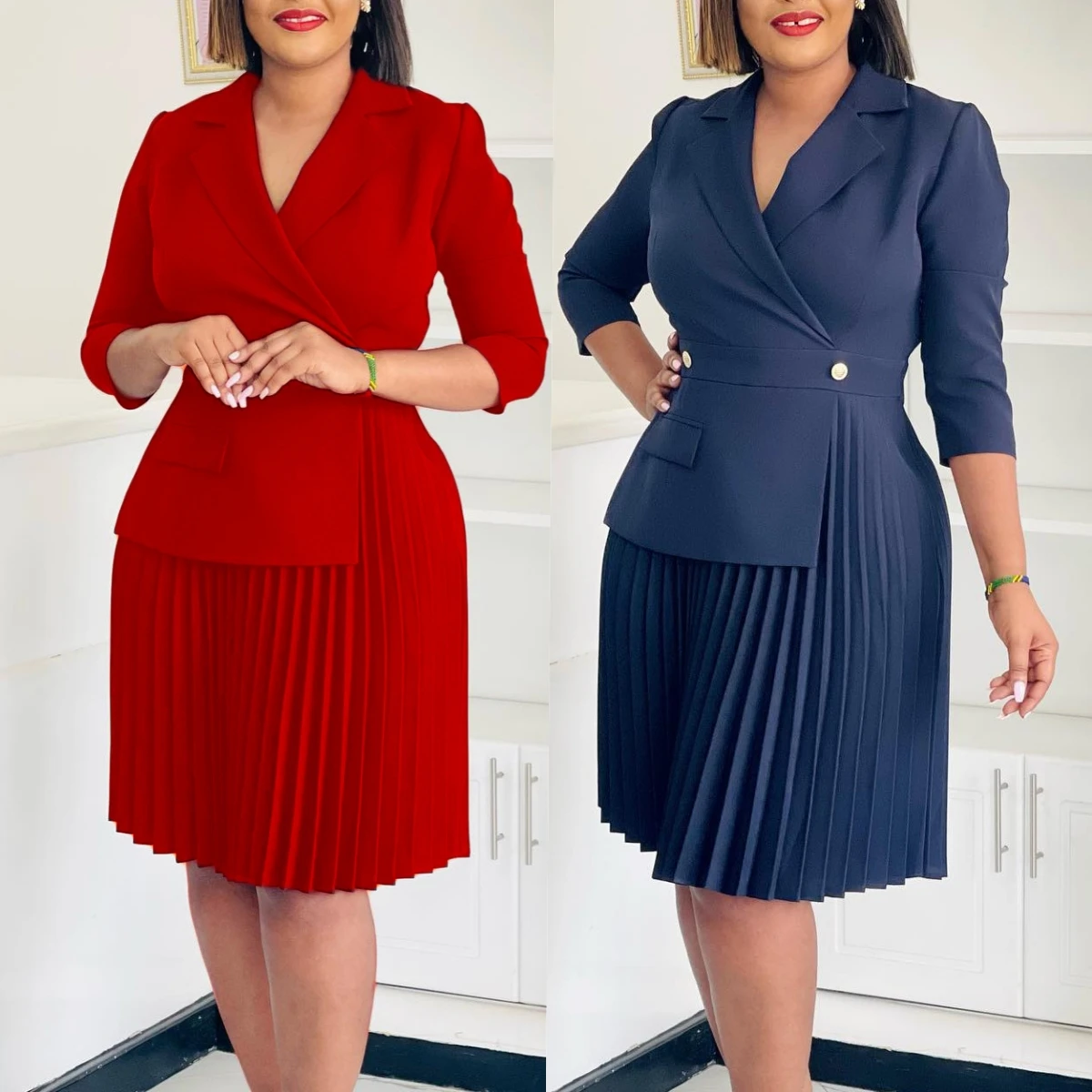 D543 Trendy Autumn Dresses Women Casual Elegant Suit V Collar Solid Color  Pleated Dress African Dresses for Women Clothing