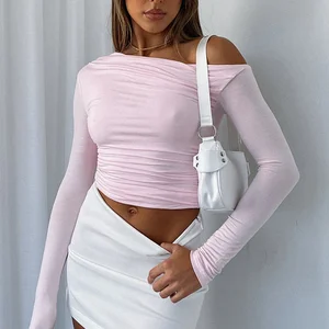 Factory Oem Wholesale Spring Ruched Slim Fit Solid Color Black Tshirts Women Asymmetrical One Shoulder Long Sleeve Crop t Shirts