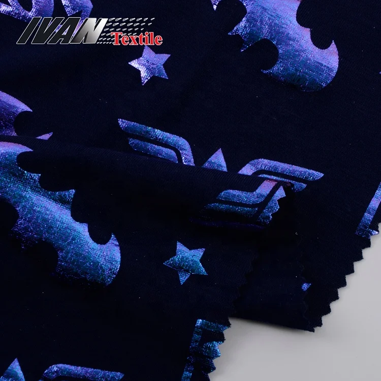 Custom Design Polyester Knitted 26s Poly Spun Silver Foil Printed Sports Jersey Kids Fabric Sportswear