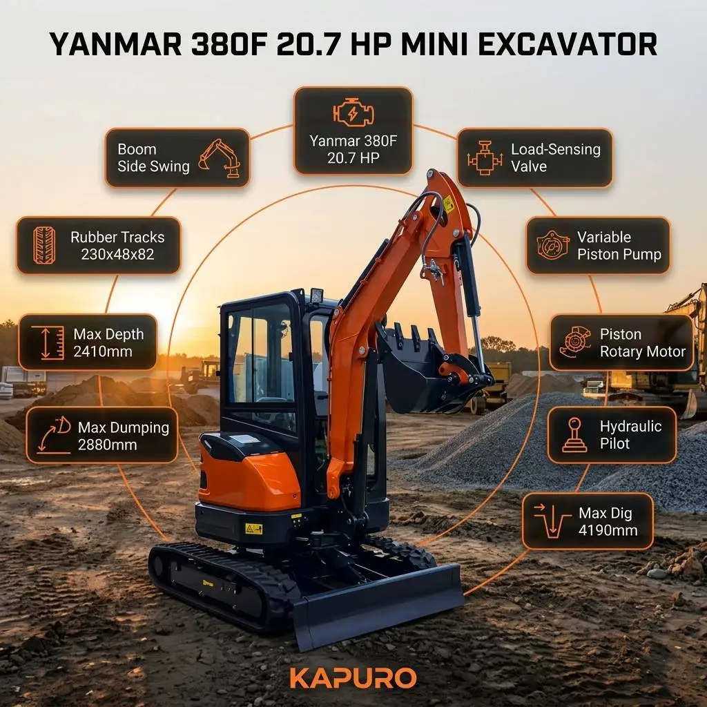 2,5 T Yanmar 380F 20,7 PK Klein Kompakse Uitgrawer Laai-sensitiewe pomp Pistoonmotors Hoë/Lae spoed beweging Hidrouliese pilootbeheer 4190 mm