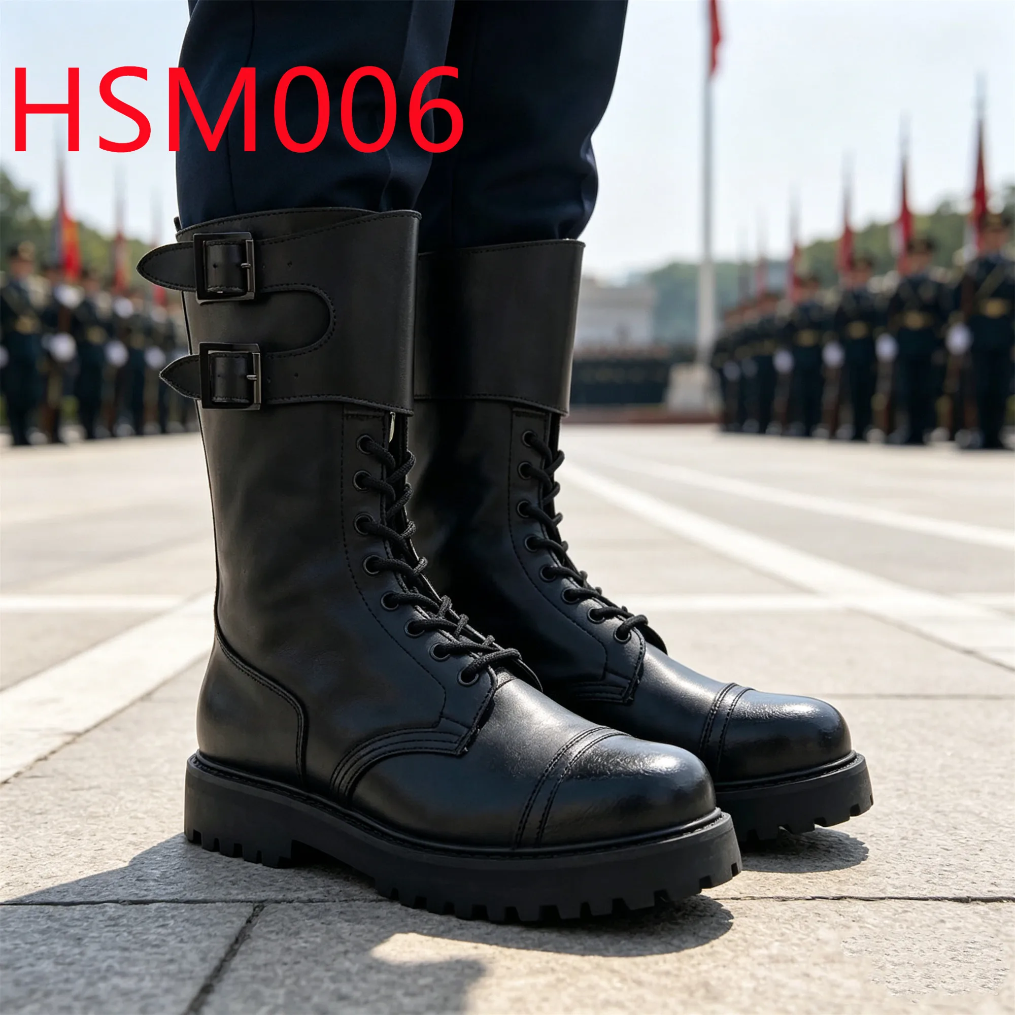HY,Inspection Ceremony Dual Metal Buckle Design Hua Singh Combat Boots French Style Front Lace-up Leather Marching Boots HSM006