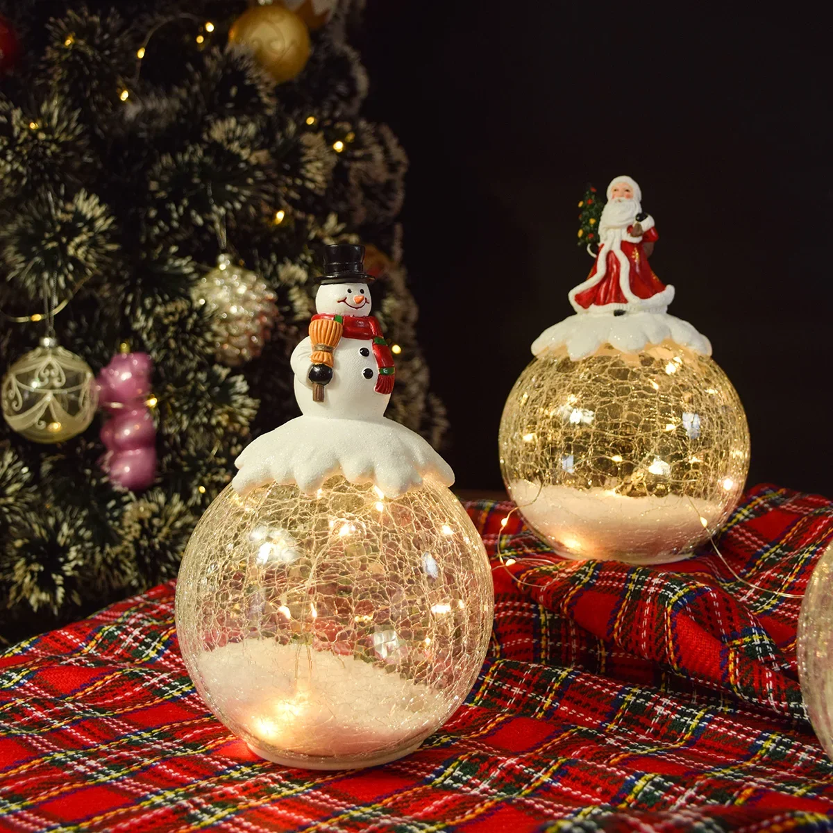 Illuminated Crackle Glass Christmas Ball Crafts Decoration Personalized LED Crackle Glass Christmas Ornaments With Lights