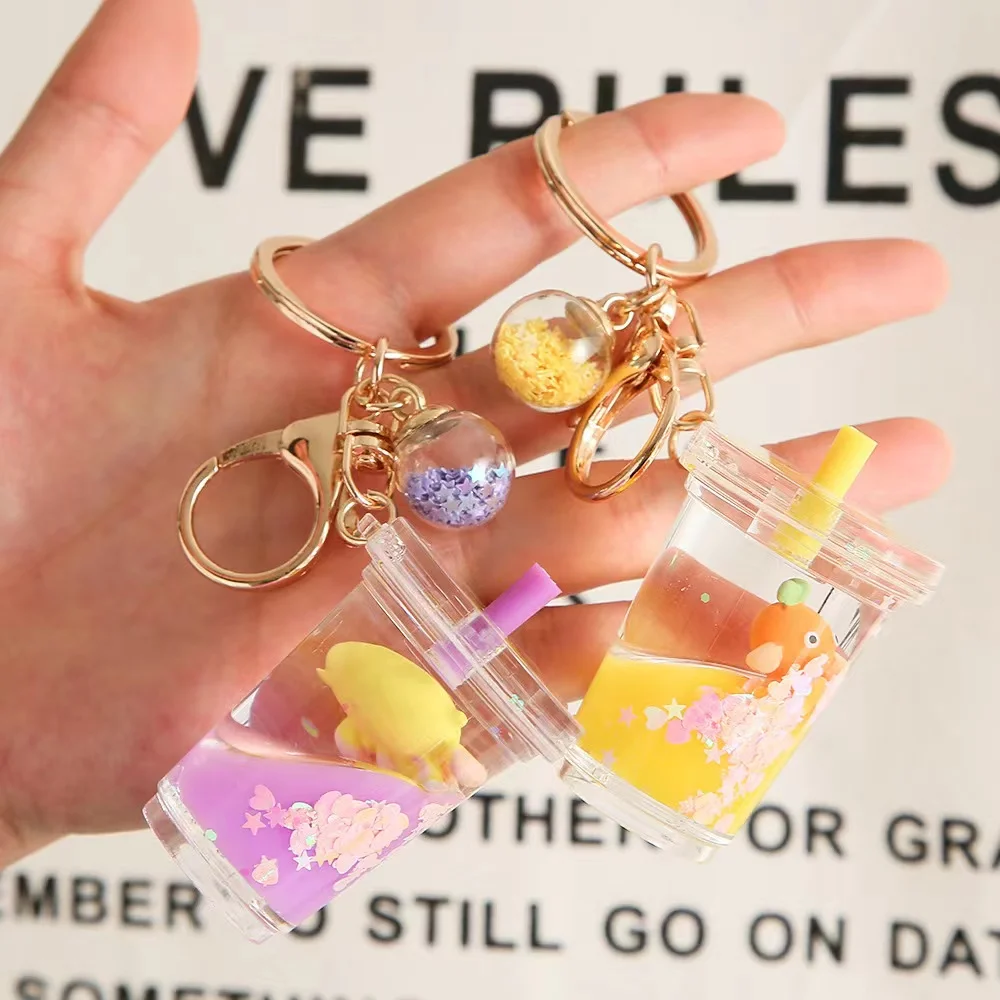 Cartoon Milk Tea Keychain Cute Floating Liquid Photo Frame Mug Drink Bottle Keyring Key Charm Gift for Girls Bag Pendant