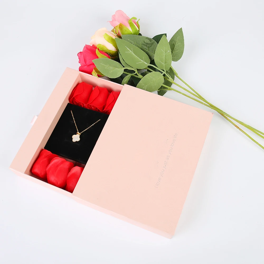 맞춤형 핑크색 서랍식 주얼리 박스, 호일 엠보싱 및 스펀지 안감 처리, 로즈 비누용 골판지 선물 포장 (재활용 소재 사용)