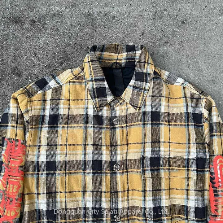 Salati Custom Silk Screen Printed Breathable T-shirts Button Boxy Fit Oversized Full Long Sleeve Vintage Padded Plaid Check gallery 3