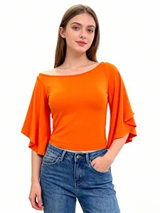 Women's Summer Knitted Rayon/Spandex Slim Fit O-Neck Bell Sleeve Double Layer Cuff Soft Stretch High Quality Fashion Chic Tshirt
