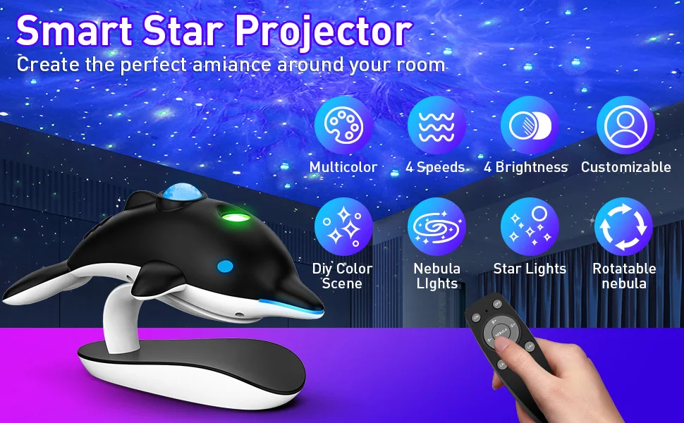 New Cute Dolphin Star Projector Light 3D Effect Star Rotating Sky Lighting Dolphin Galaxy Projector Light for gifts