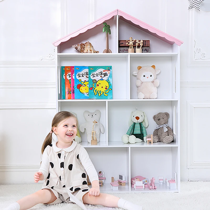 Kids Sling Book Storage Rack Bookcase Bookshelf Nordic Furniture Kids White Wooden House Shape Bookshelf