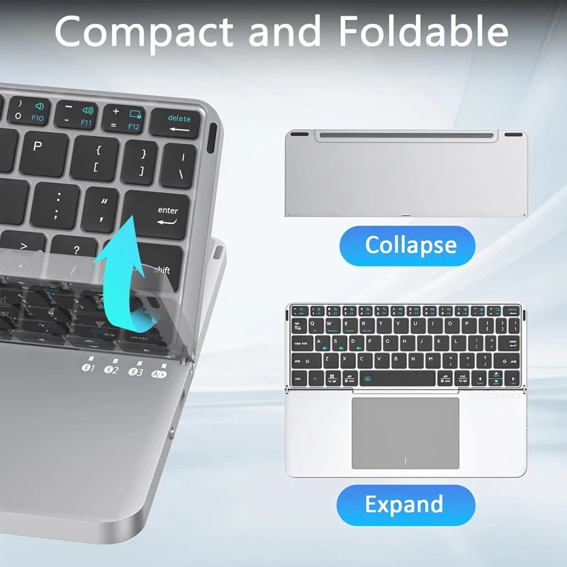 2-in-1 Foldable Touch Wireless BT Keyboard Portable with Magnetic Keyboard Stand for Mobile Phones Laptops Tablets