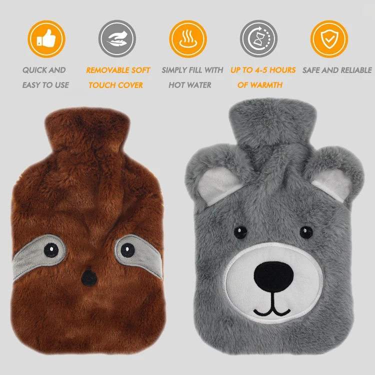 removable cute cartoon plush cover for water- filling hot water heating bag manufacturer hot water bottle 2000ml for kids