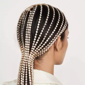 2022 New women accessories Rhinestone long tassel headpiece exaggerated hair hoop chain