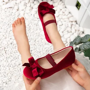 Party Princess Dress Shoes Bow Ballet Flat Shoes Burgundy Red Velvet Dress Mary Jane Ballet Flats Low Heels Princess Shoes