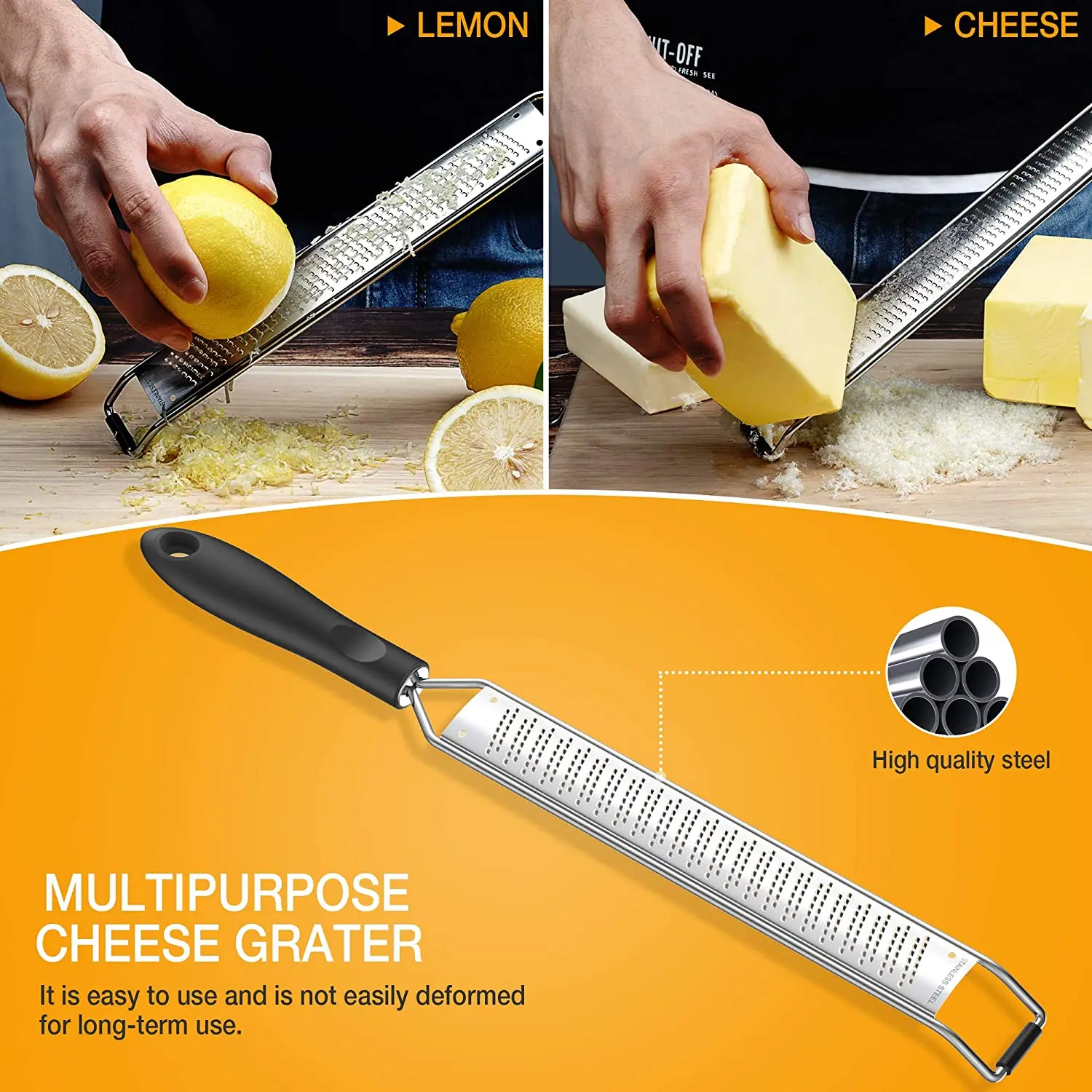 Kitchen Cheese Grater Lemon Zester Sharp Stainless Steel Blade and Ergonomic TPR Handle 3 Graters Set with Cleaning Brush for Fruits Chocolate Garlic Nutmeg Chocolate Ginger 