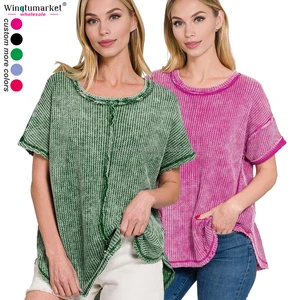 Wholesale Woman Tops Patchwork Oversized Rolled Short Sleeve Waffle Custom t Shirt Blouses Acid Wash Shirts for Women