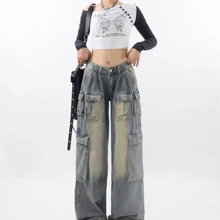 ODM Supply High-Waist Multi-Pocket Cargo Pants Vintage Bleached Jean Denim Trousers Light Washed Woven Summer Pants for Women