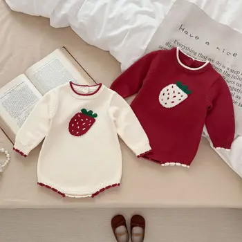 Autumn Infant Clothes Girl's Sweet Knitted Long-Sleeved Triangle Hanging Wool Jacquard Strawberry Design Baby Romper