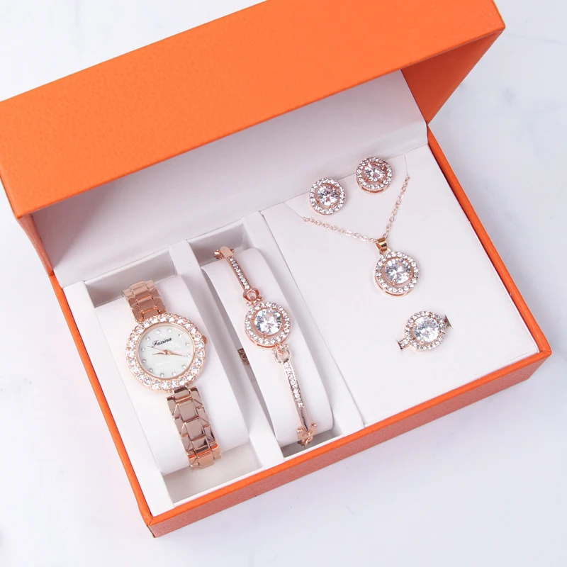 Jewelry Gift Set 5pcs Luxury Watch Necklace Earring Ring Set For Ladies