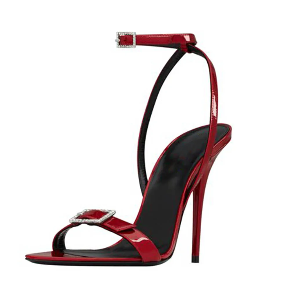 Red Fancy High Heel Dress Shoes 12cm Ankle Wrap Rhinestone Plus Size ...