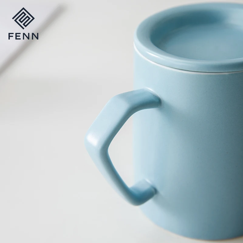 product fenn home office used blue color unique handle porcelain mug 350ml matte glaze ceramic coffee water mugs cups with lid-65