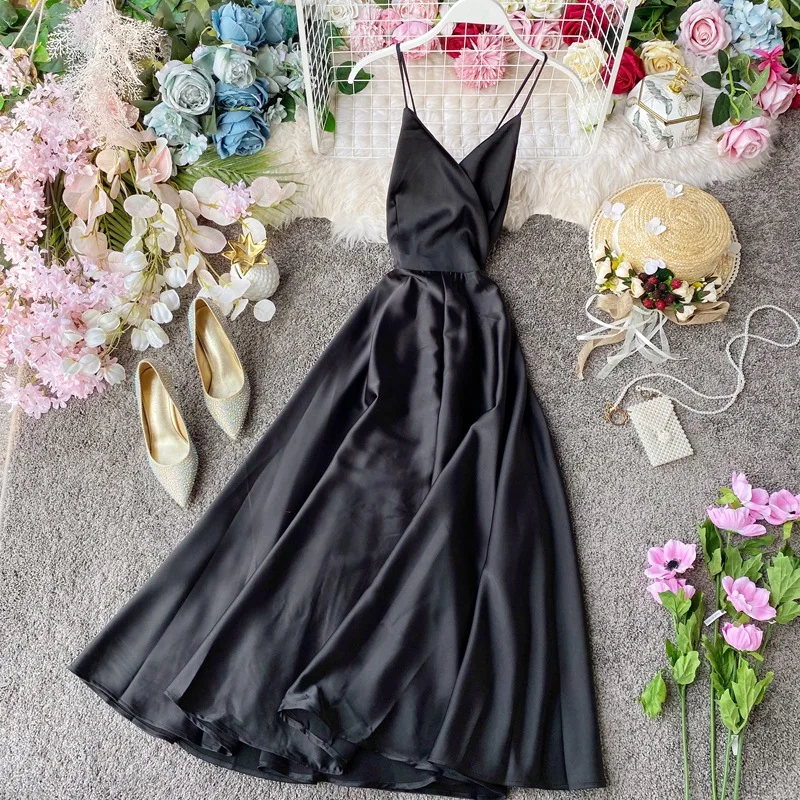 satin silk sling dress Women Sexy Low Cut Sling Dress Spaghetti Strap Backless Wedding Reception Dress