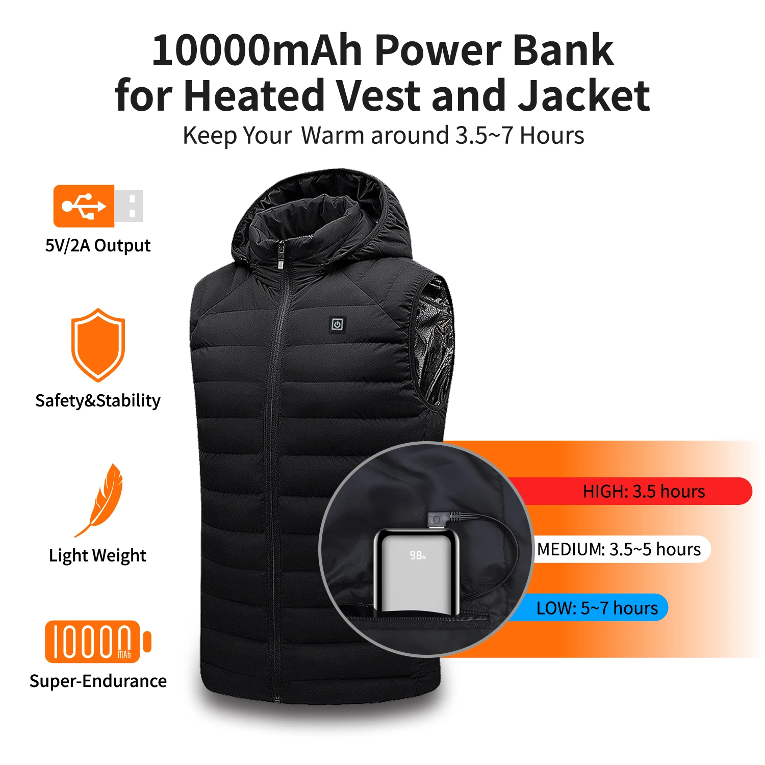 10000mah 5v/2a Power Bank For Heated Vest,Heated Jacket,Packet Size