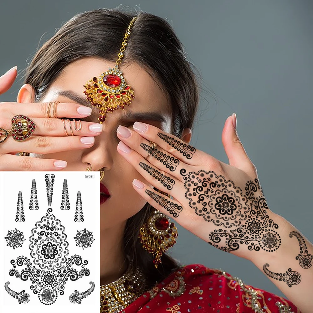 Custom Printed Lotus Flower Design Sexy Black Henna Mehndi Temporary Tattoos for Arm Neck Chest Paper Material for Women Men