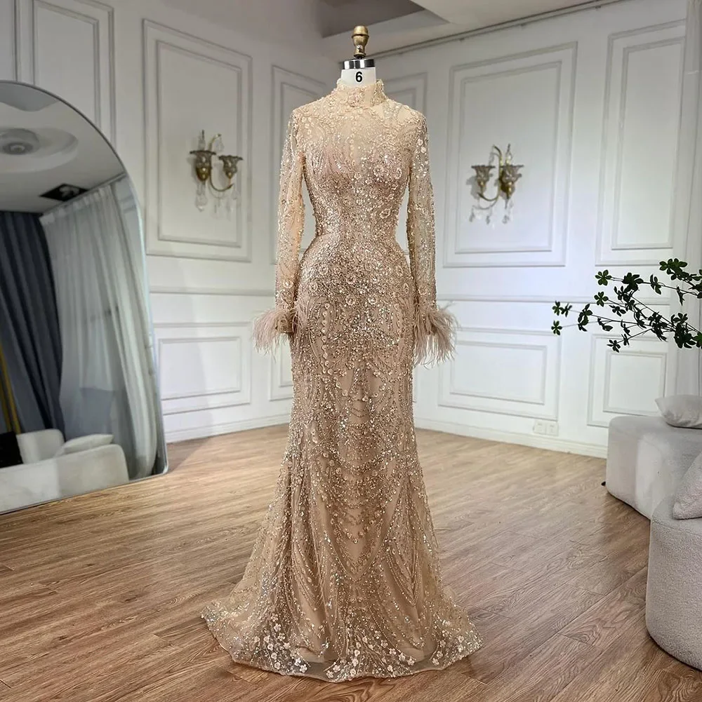 Wholesale Gold Color 2024 Muslim Women Wedding Party Dubai Gowns Beaded Feathers Mermaid Long Leeve High Neck Girl's Evening Dresses DIY Evening Gown