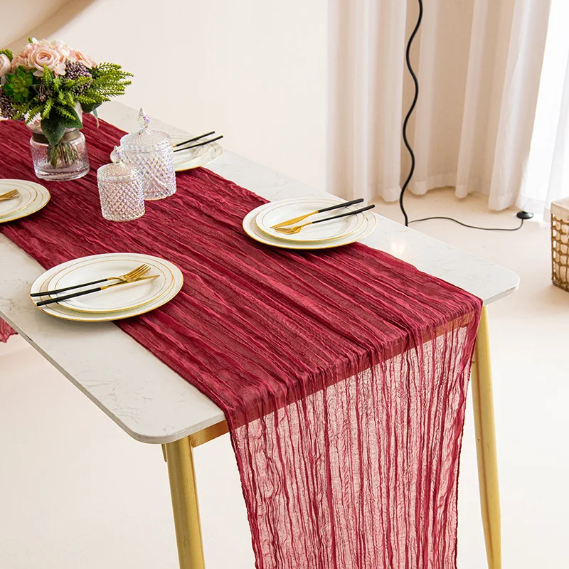 Rustic Gauze Table Runner Boho Chic Sheer Crinkle Cheesecloth Fabric Woven Table Cloth for Holiday Party Decor