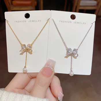 Fashionniche Stylesense Dexequisite High-End Link Chain Necklace Women's Sweet Zircon Bows Hanging Pearl Tassel Anniversaries